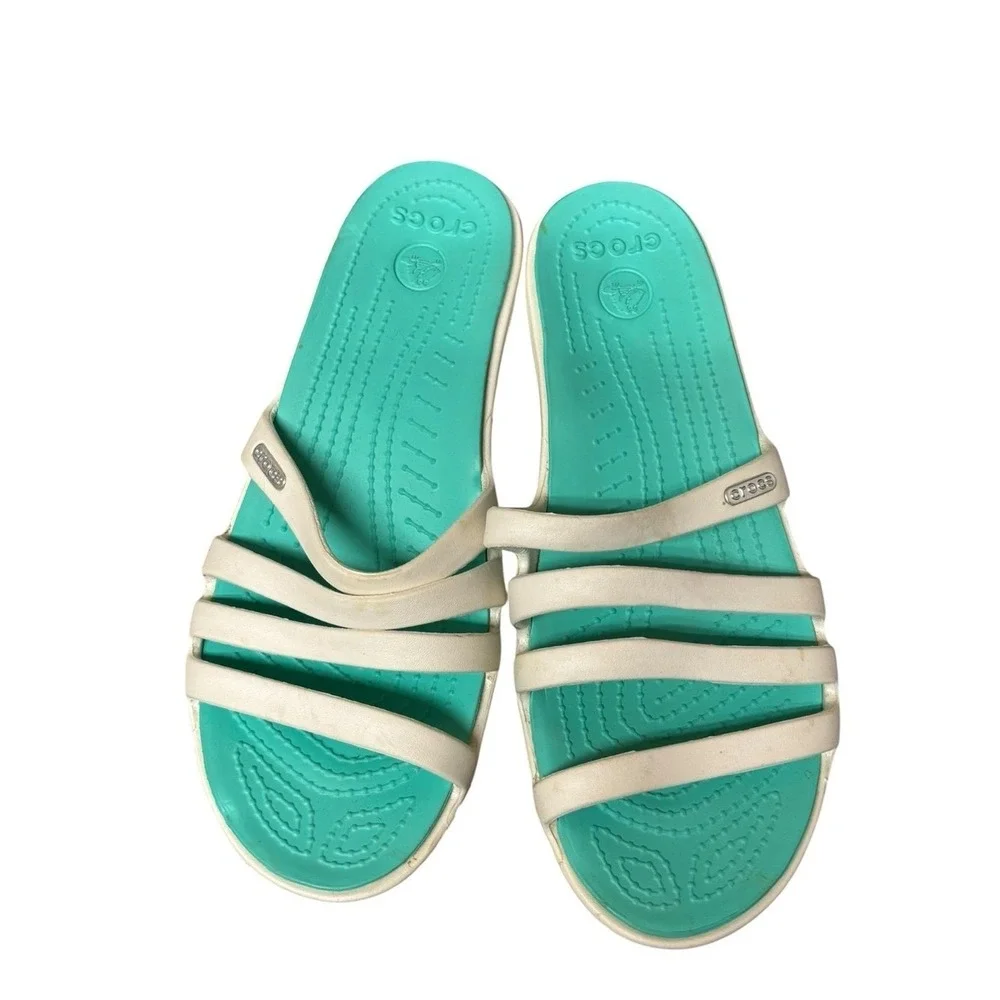 Crocs Women's Sanrah White Teal Strappy Wedge Sandals Size 8‎